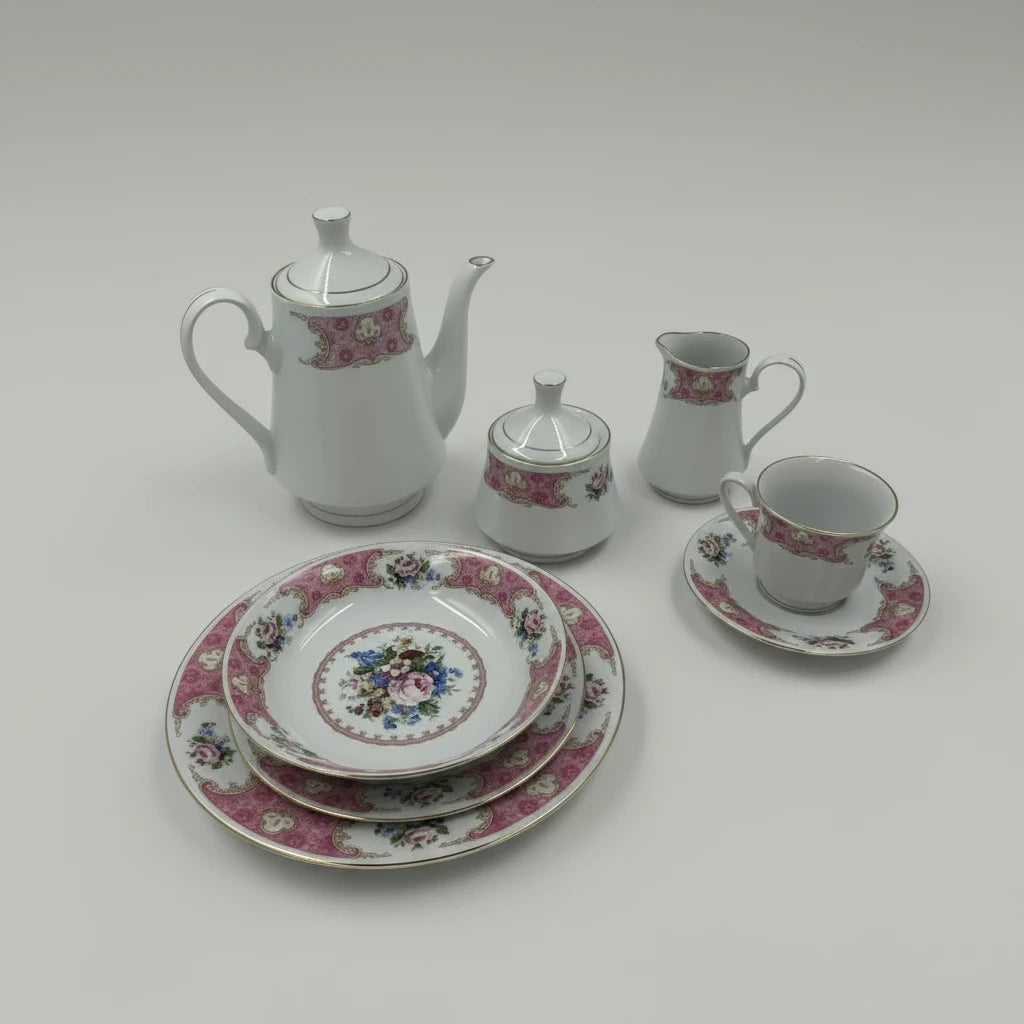 1990s Remington Red Sea Fine China Set With 12 Place Settings - 67 Piece