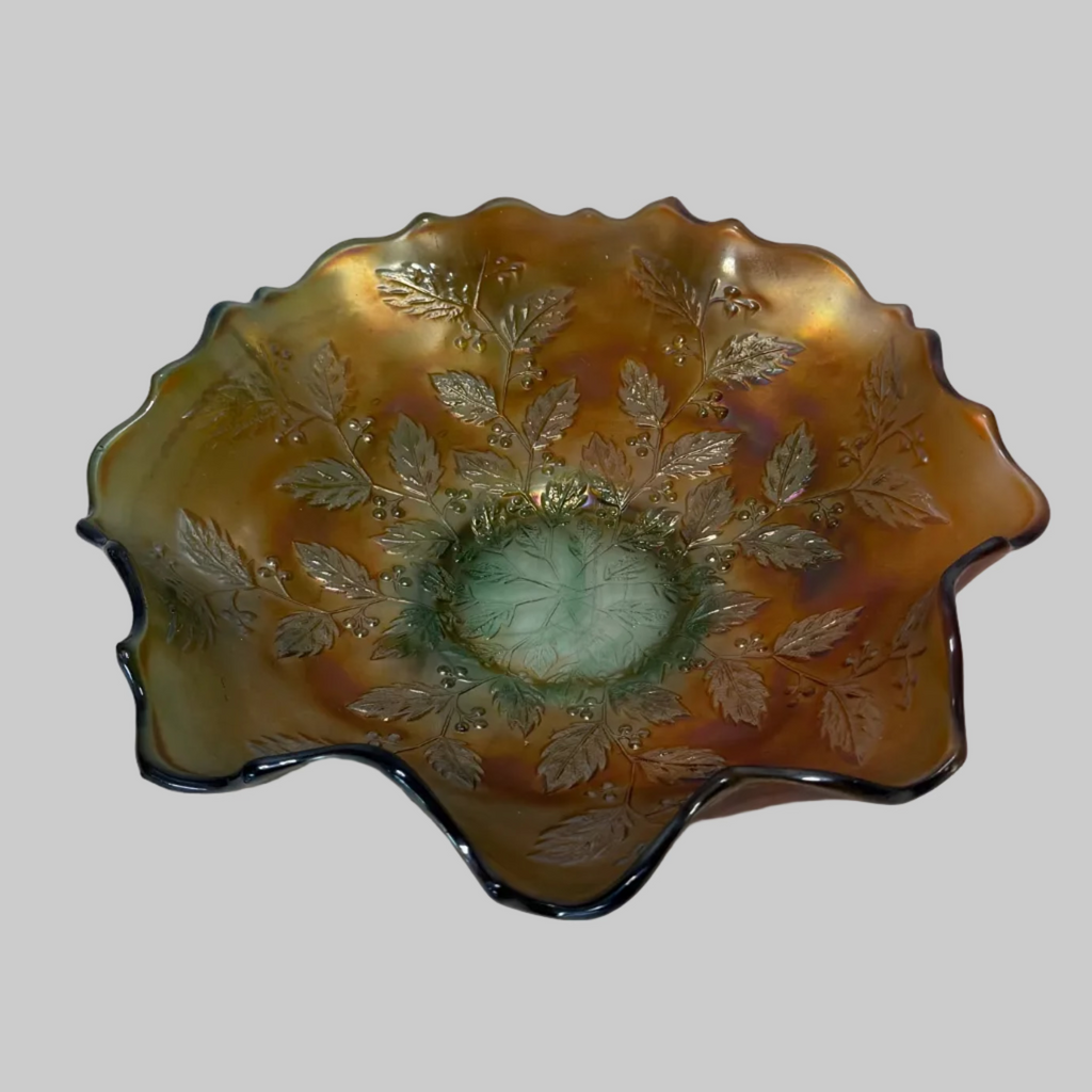 Antique Fenton Holly Carnival Glass Bowl | Marigold on Green Base | c.1910s