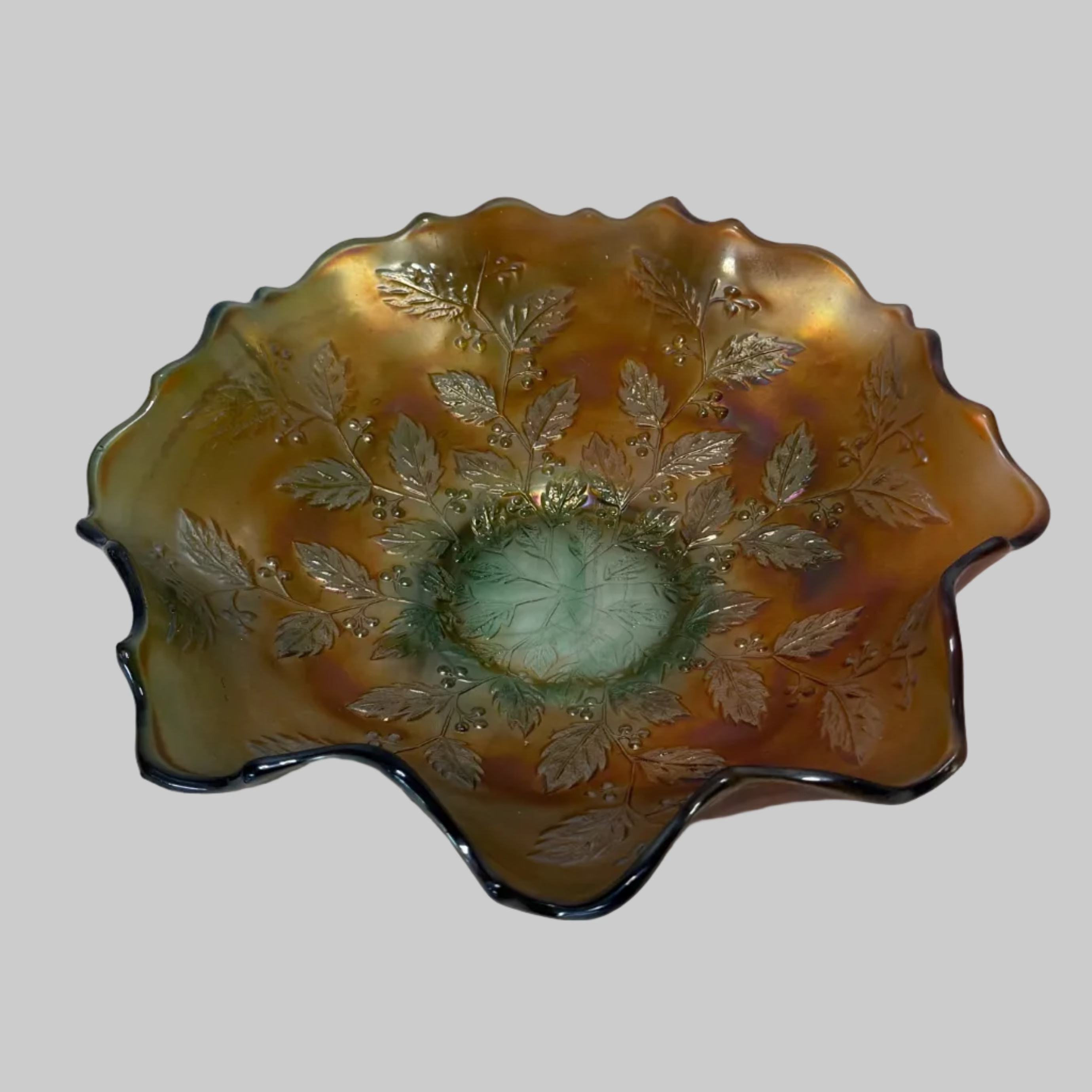 Antique Fenton Holly Carnival Glass Bowl | Marigold on Green Base | c.1910s