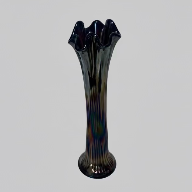 Fenton Carnival Glass Vase | Amethyst Marigold Iridescent Ribbed Form | 12”