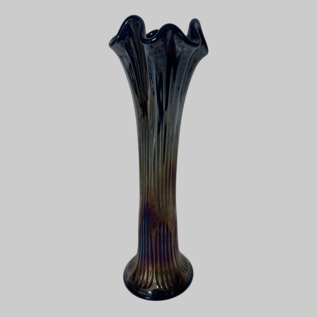 Fenton Carnival Glass Vase | Amethyst Marigold Iridescent Ribbed Form | 12”