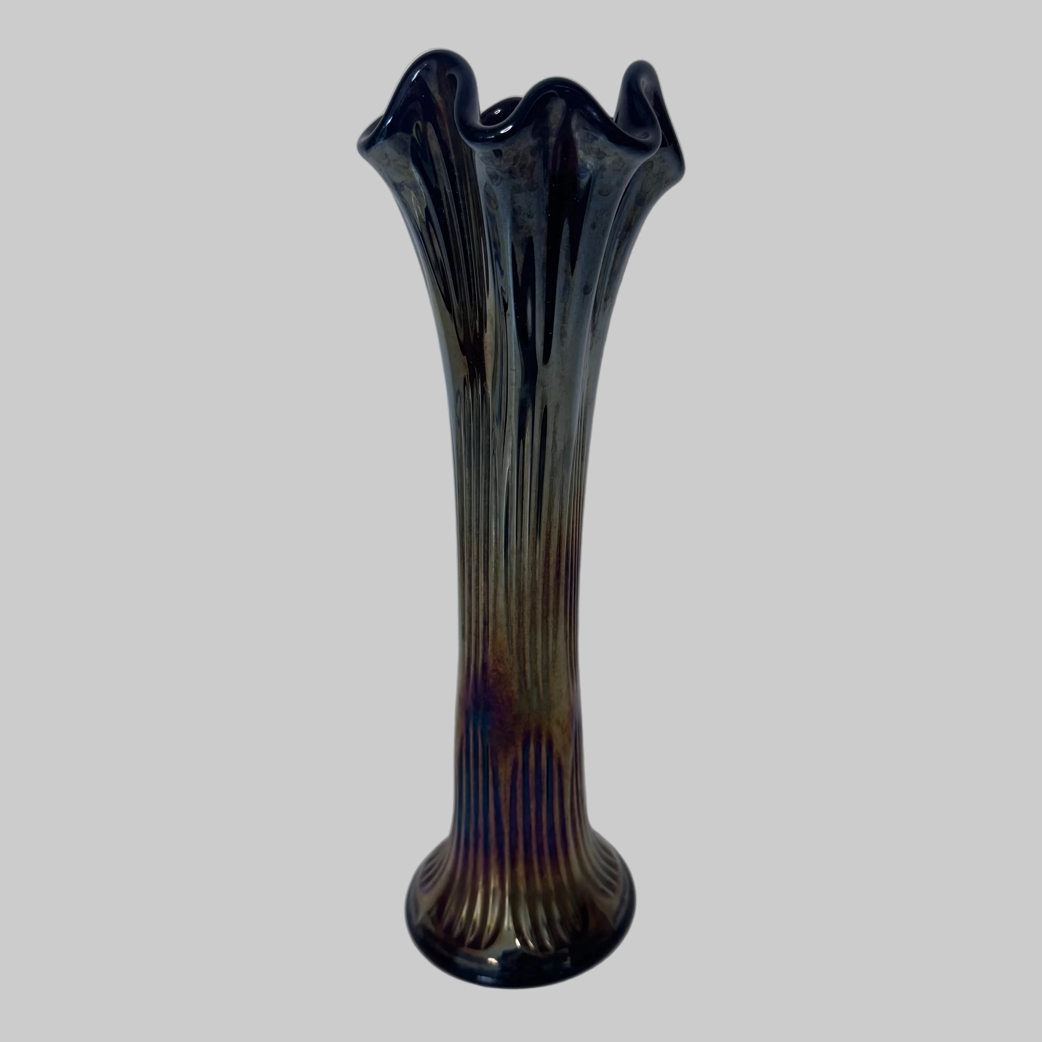 Fenton Carnival Glass Vase | Amethyst Marigold Iridescent Ribbed Form | 12”