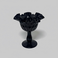 Fenton Black Glass Ruffled Thumbprint Pattern Pedestal Compote Bowl