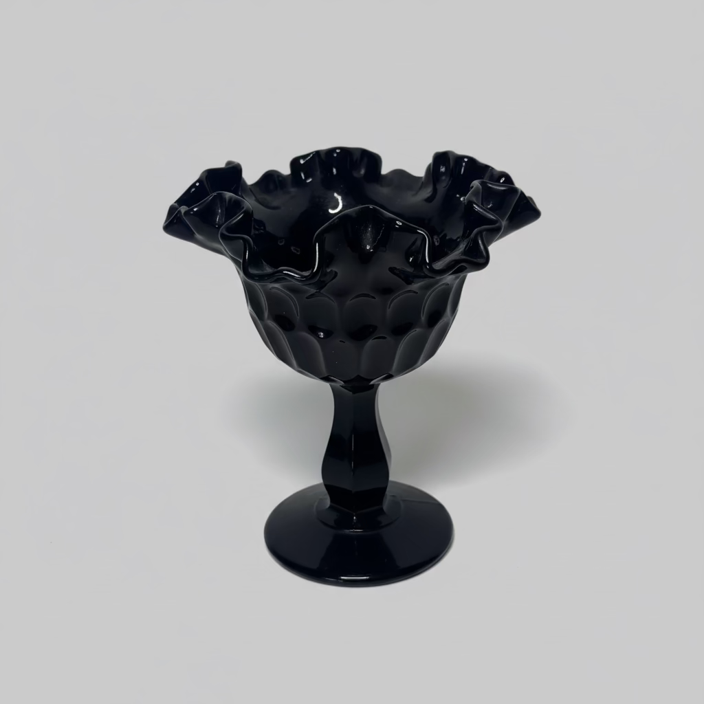 Fenton Black Glass Ruffled Thumbprint Pattern Pedestal Compote Bowl