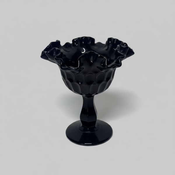 Fenton Black Glass Ruffled Thumbprint Pattern Pedestal Compote Bowl