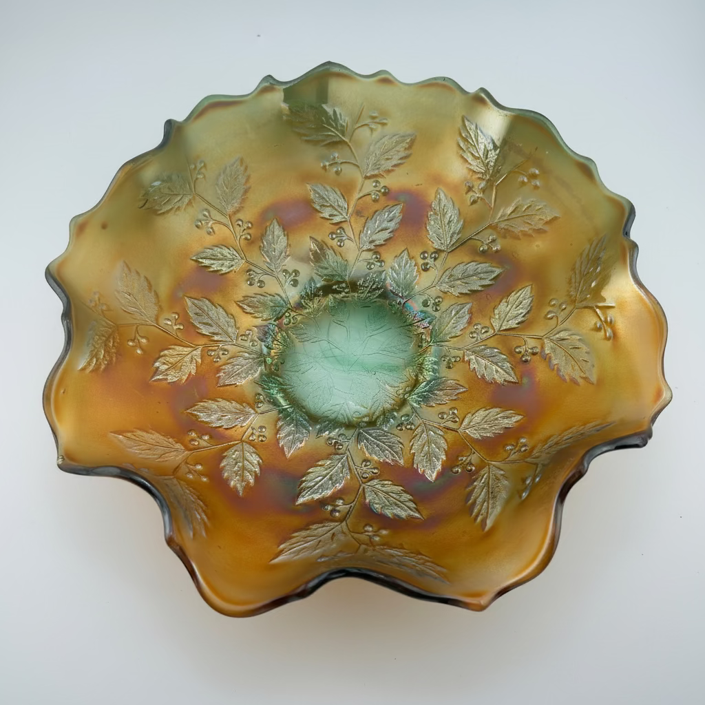 Antique Fenton Holly Carnival Glass Bowl | Marigold on Green Base | c.1910s