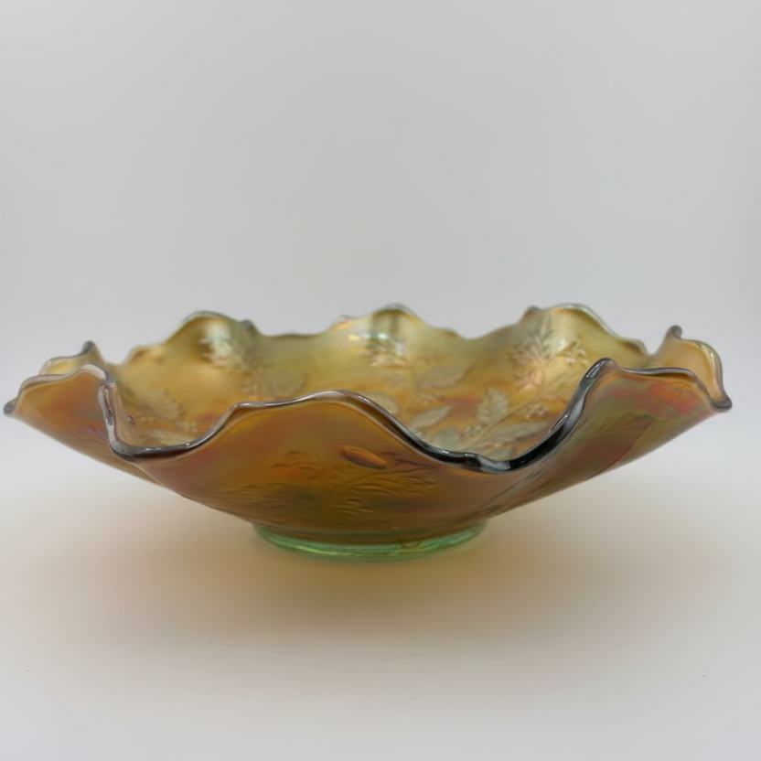 Antique Fenton Holly Carnival Glass Bowl | Marigold on Green Base | c.1910s