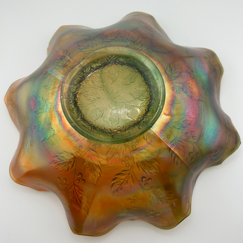 Antique Fenton Holly Carnival Glass Bowl | Marigold on Green Base | c.1910s