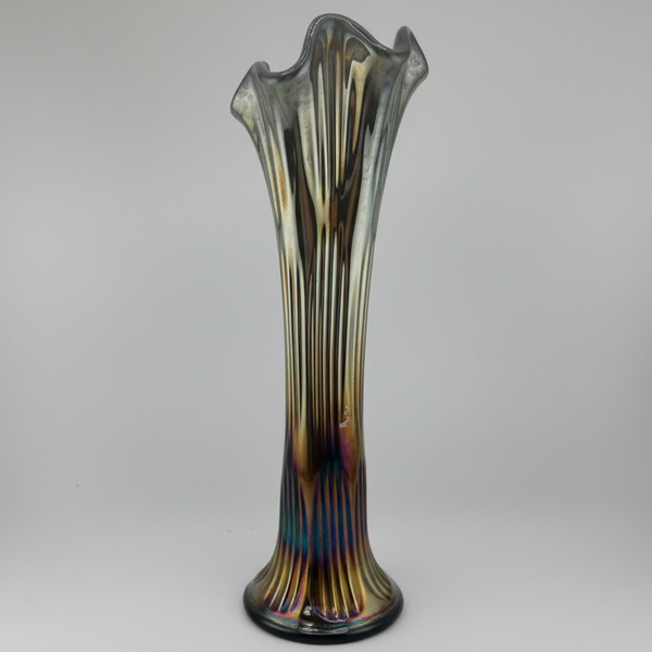 Fenton Carnival Glass Vase | Amethyst Marigold Iridescent Ribbed Form | 12”