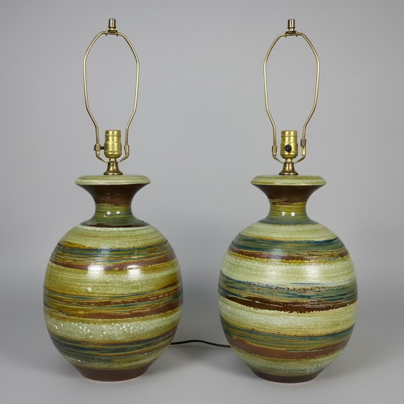 Pair MCM Table Lamps - Lava style glaze