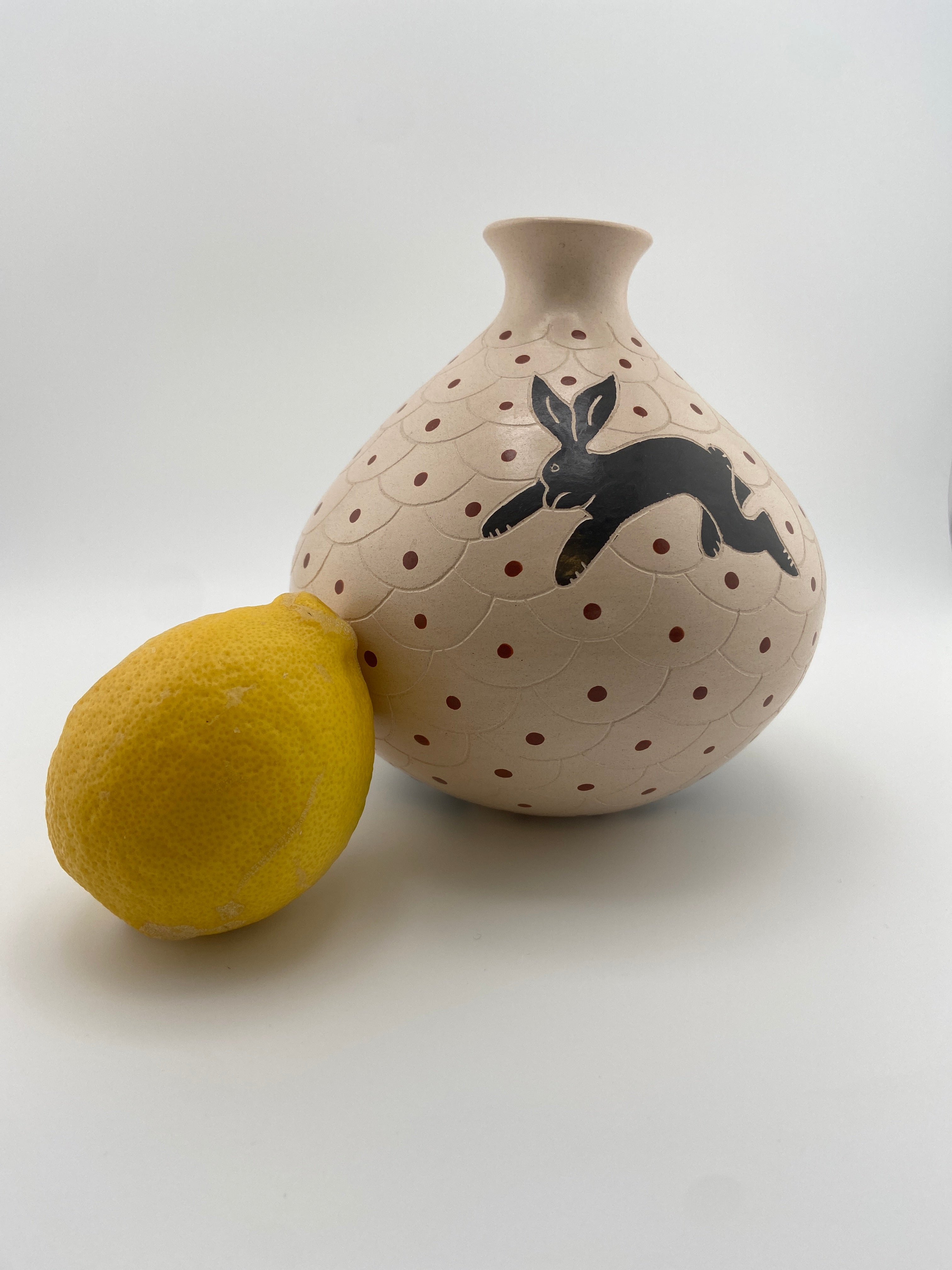 Vidal Corona Signed Mexican Folk Art Pottery Vase - Black Hare Design