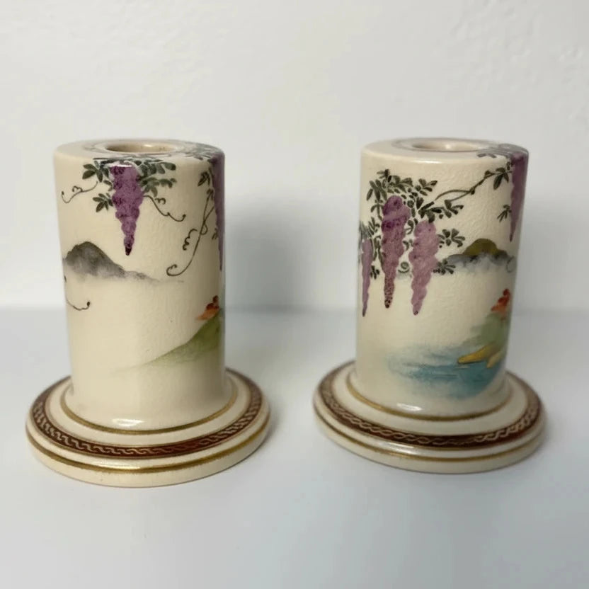 Antique Satsuma Porcelain Wisteria Motif Candle Holders - Pair