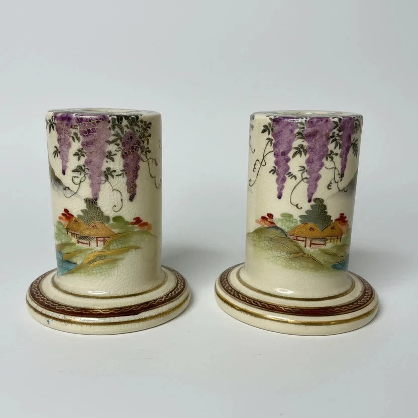 Antique Satsuma Porcelain Wisteria Motif Candle Holders - Pair