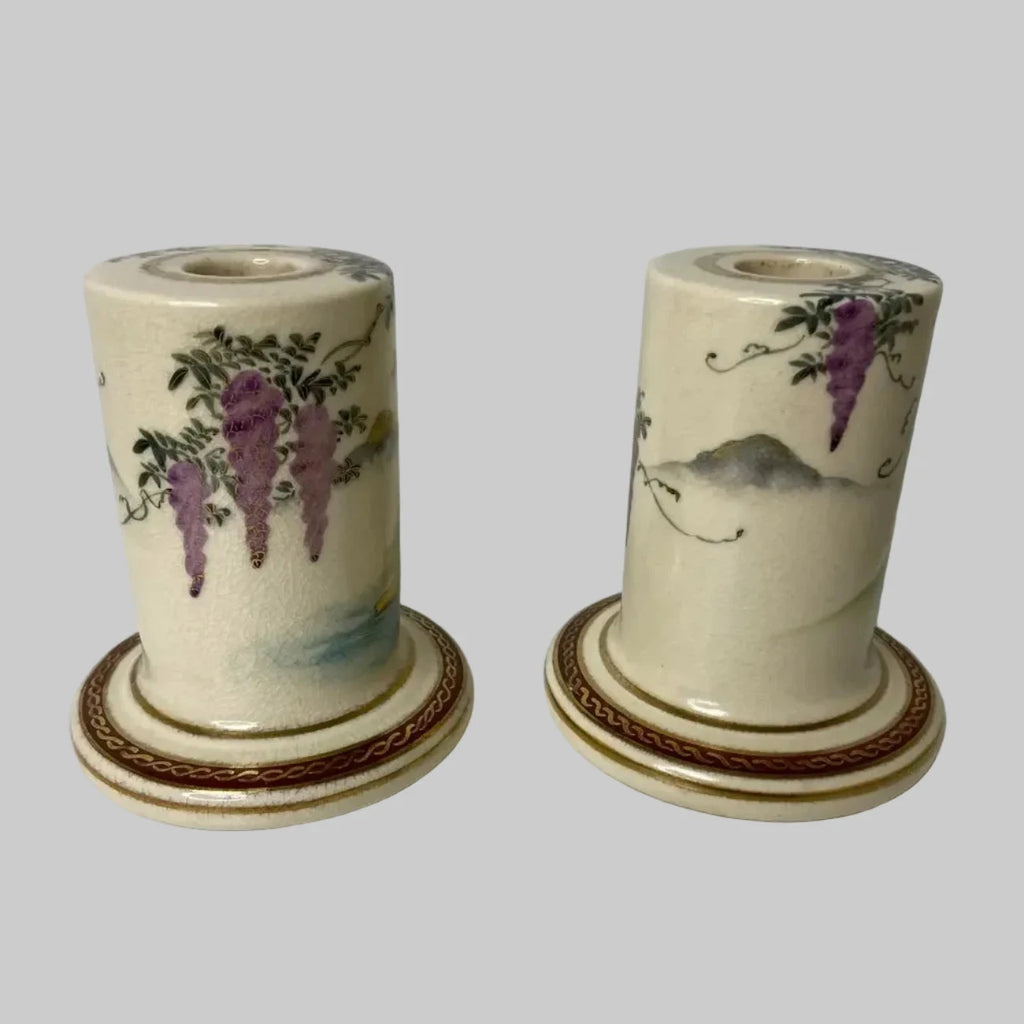 Antique Satsuma Porcelain Wisteria Motif Candle Holders - Pair