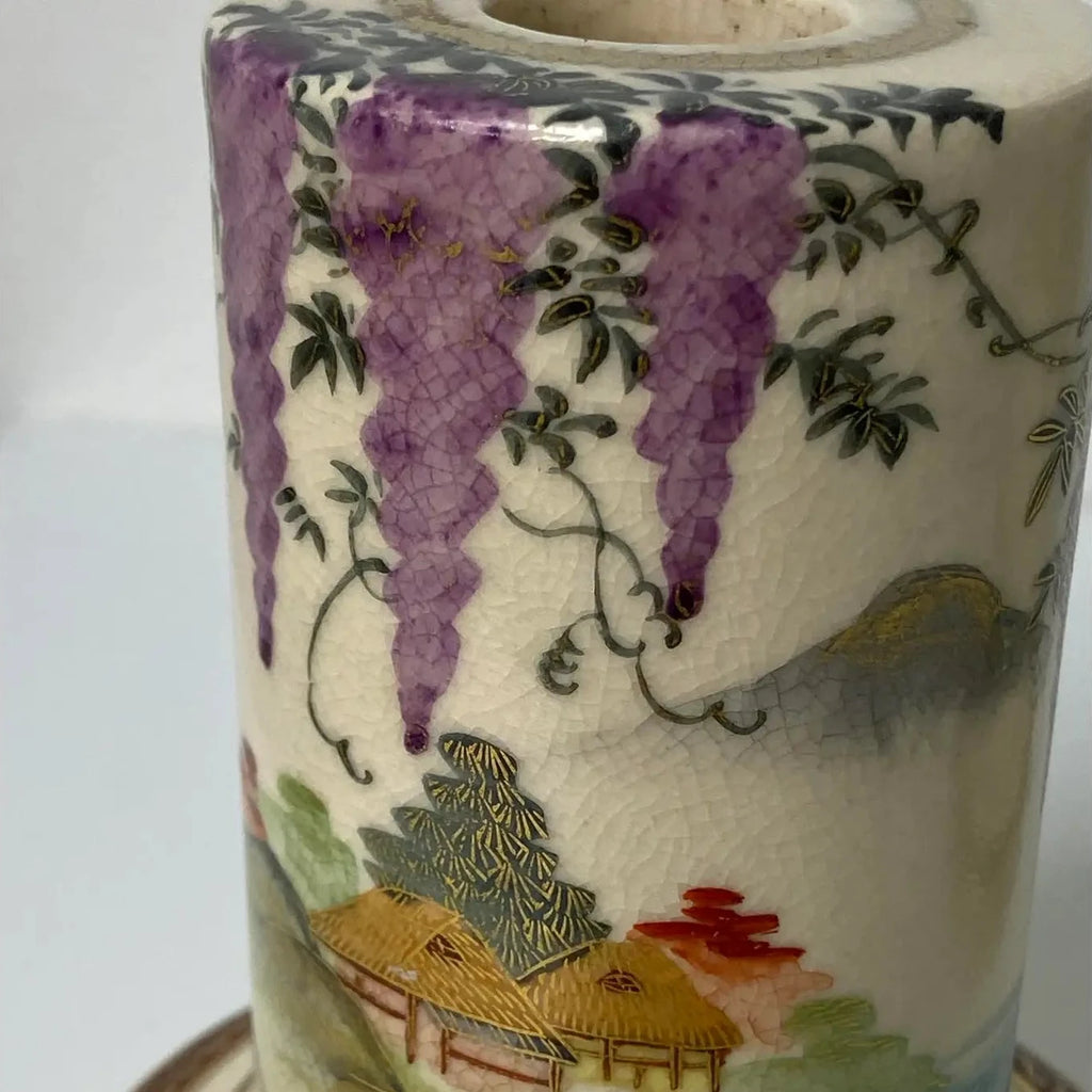 Antique Satsuma Porcelain Wisteria Motif Candle Holders - Pair