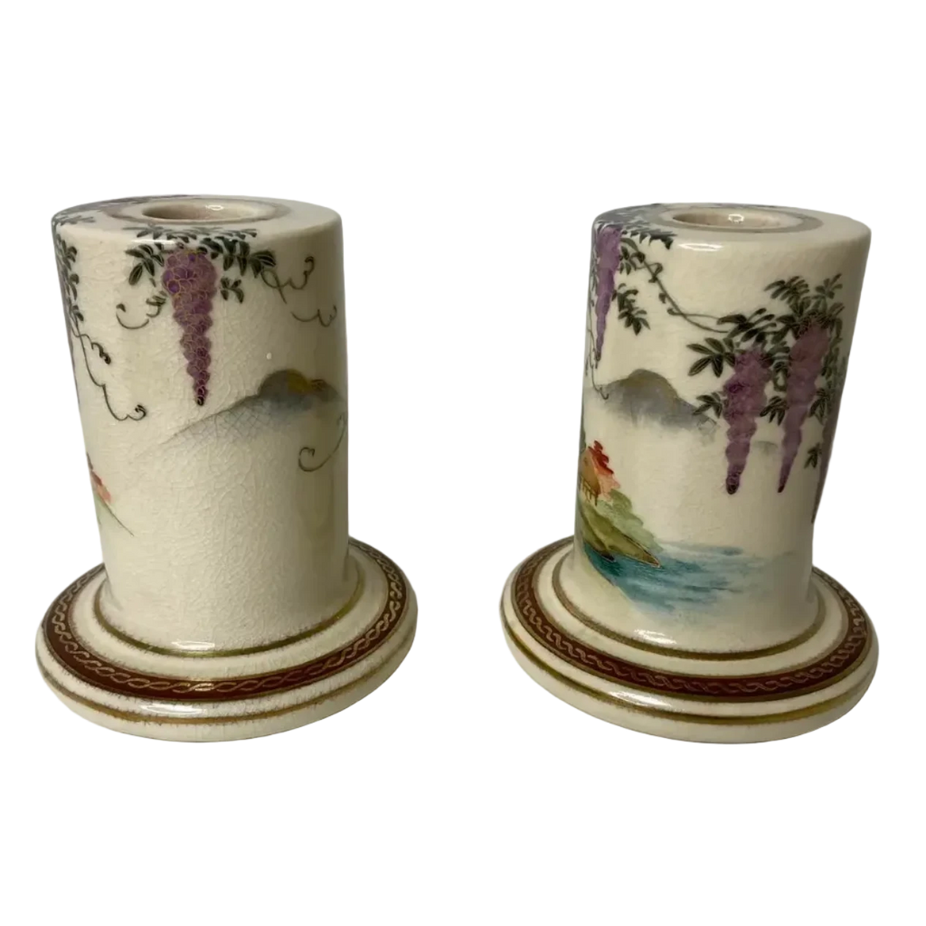 Antique Satsuma Porcelain Wisteria Motif Candle Holders - Pair