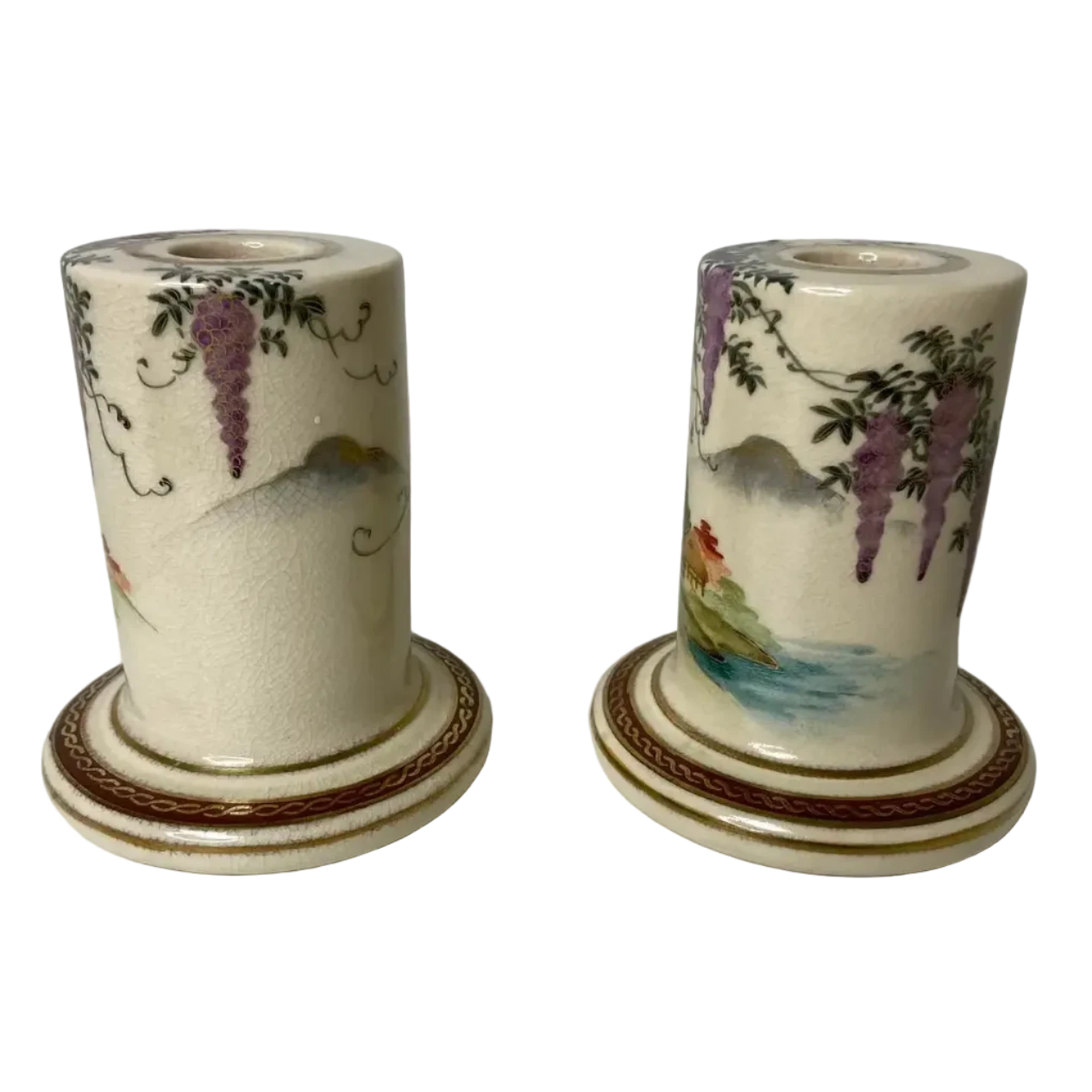 Antique Satsuma Porcelain Wisteria Motif Candle Holders - Pair