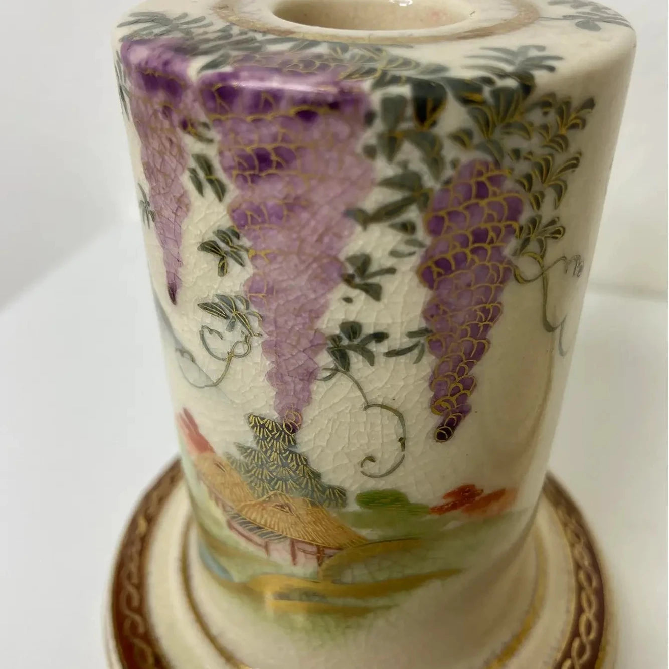 Antique Satsuma Porcelain Wisteria Motif Candle Holders - Pair