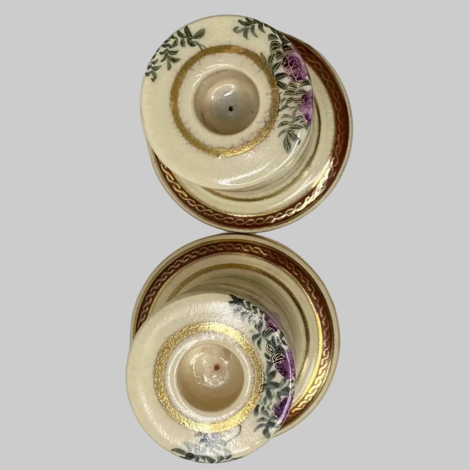 Antique Satsuma Porcelain Wisteria Motif Candle Holders - Pair