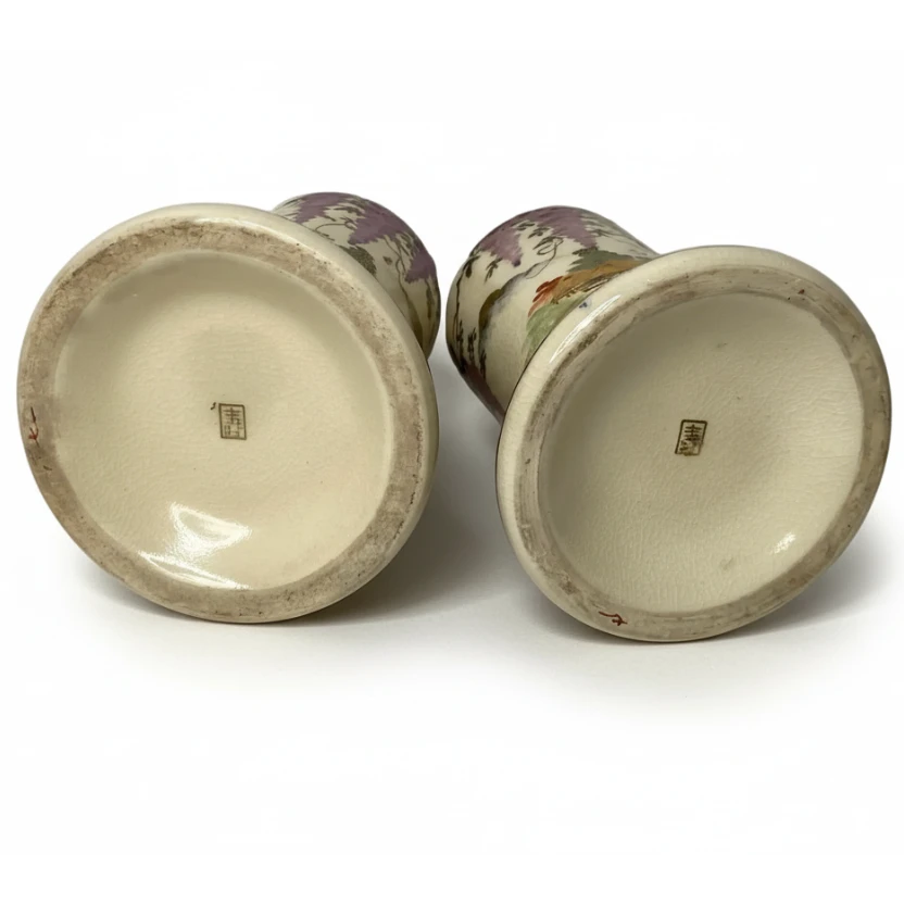 Antique Satsuma Porcelain Wisteria Motif Candle Holders - Pair