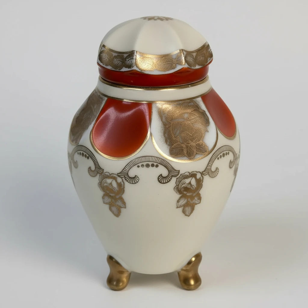 Antique Oscar Schlegelmilch Lidded Porcelain Jar – Hand Painted, Gold Gilt, Tripod Feet – Marked "639"