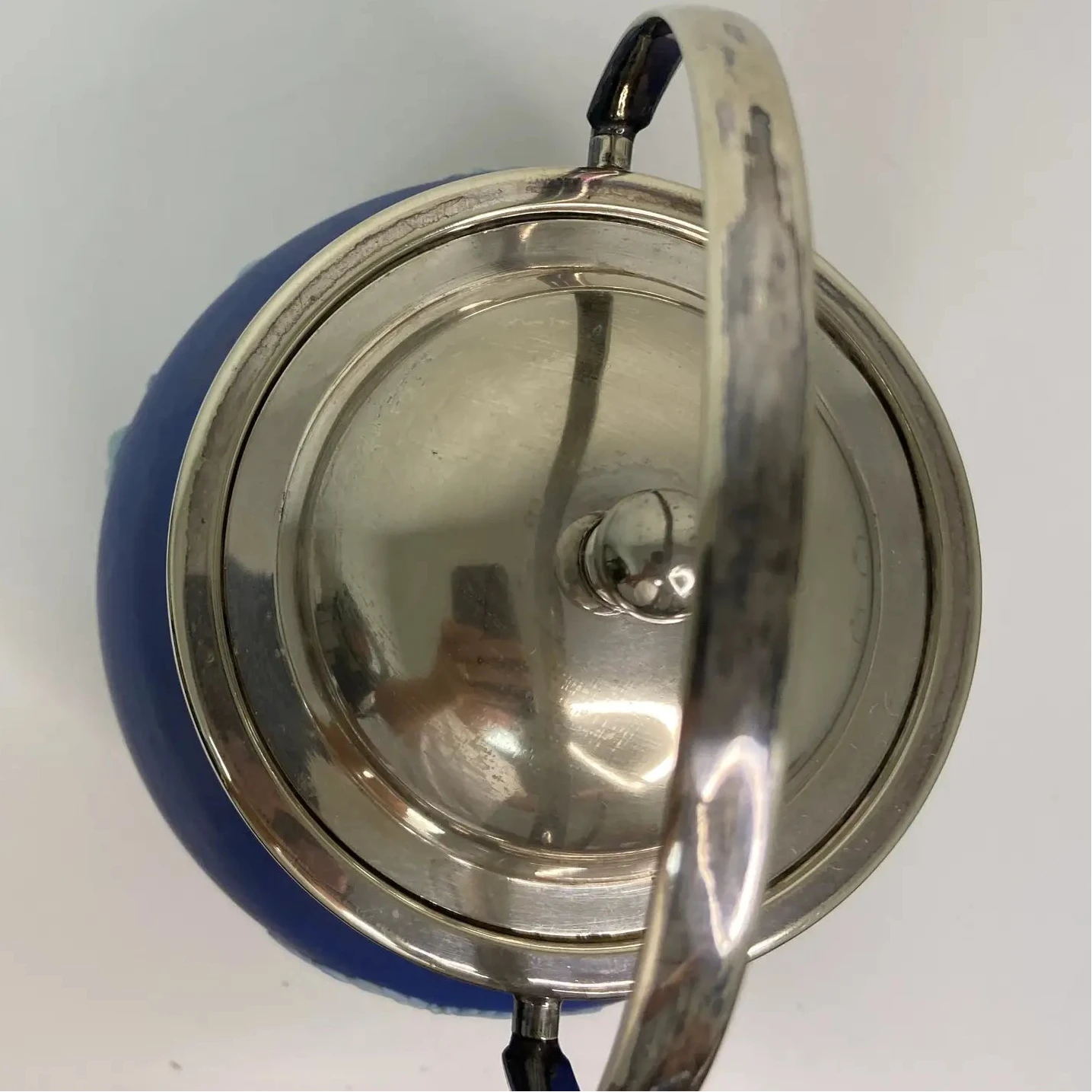 Antique Wedgwood Cobalt Jasperware Biscuit Barrel With James Dixon & Sons Silverplate Lid, Circa 1880s