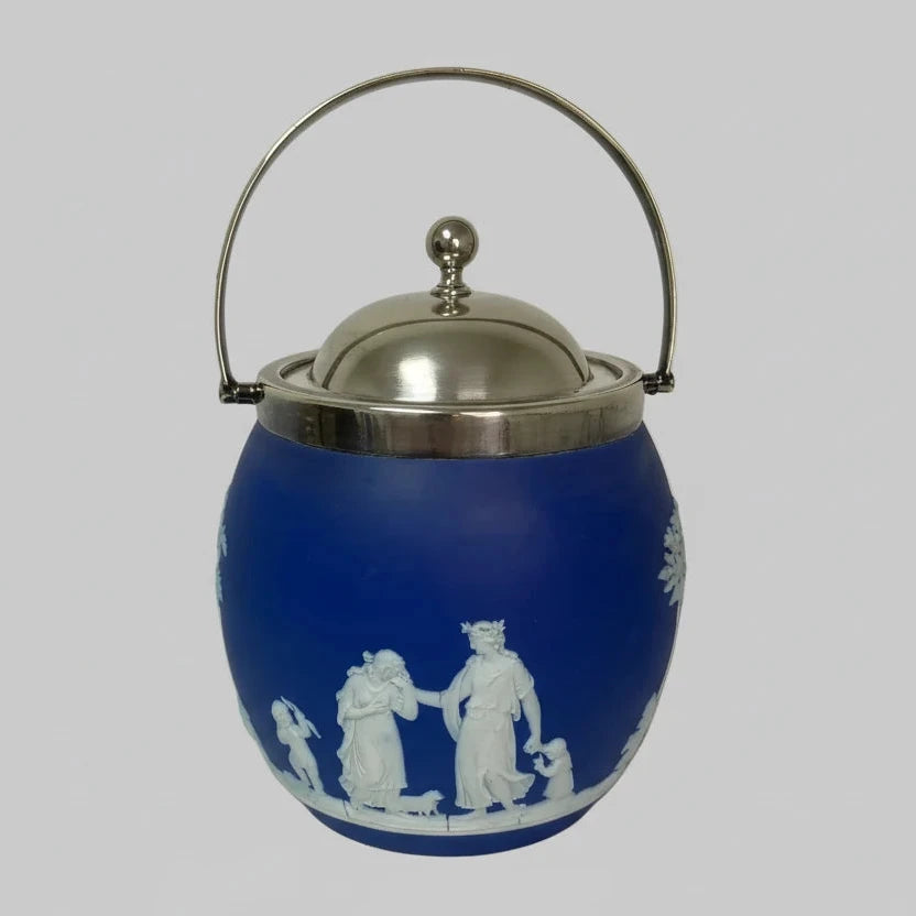 Antique Wedgwood Cobalt Jasperware Biscuit Barrel With James Dixon & Sons Silverplate Lid, Circa 1880s