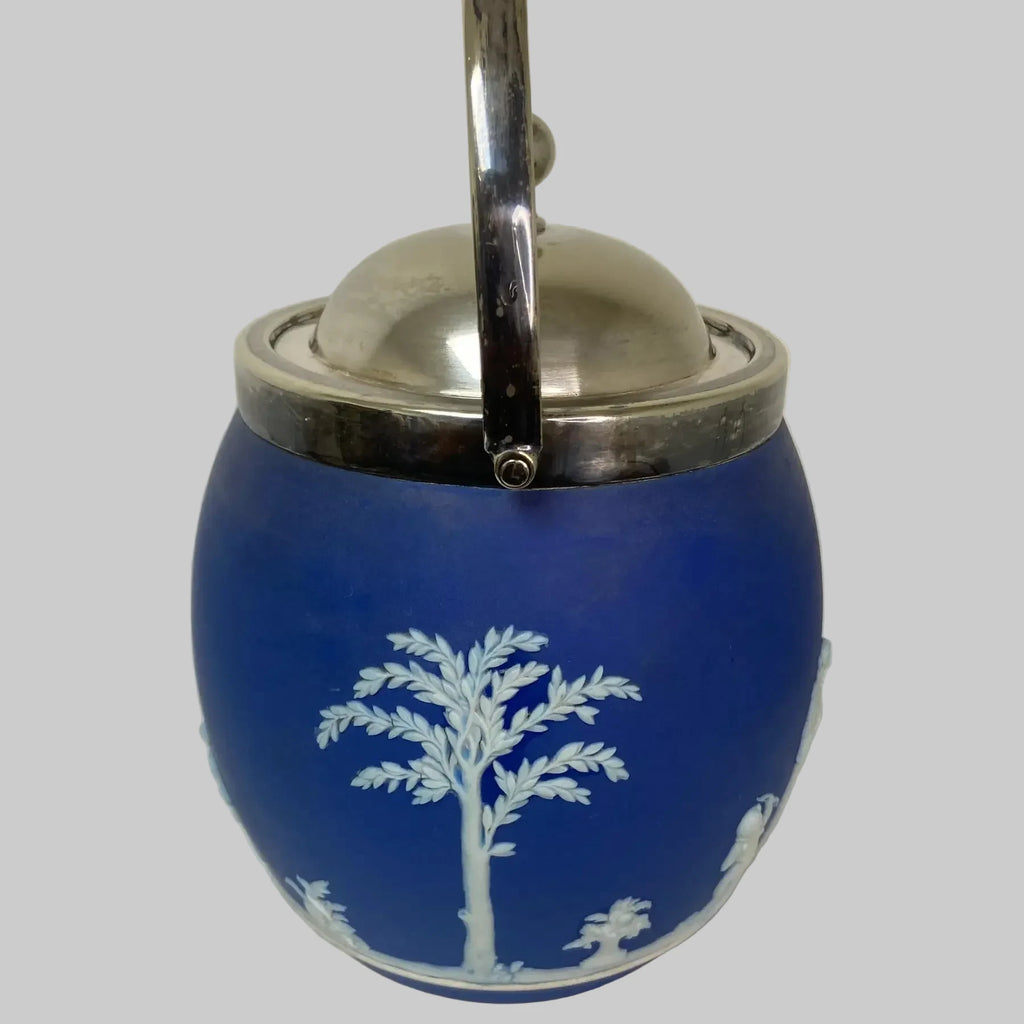 Antique Wedgwood Cobalt Jasperware Biscuit Barrel With James Dixon & Sons Silverplate Lid, Circa 1880s