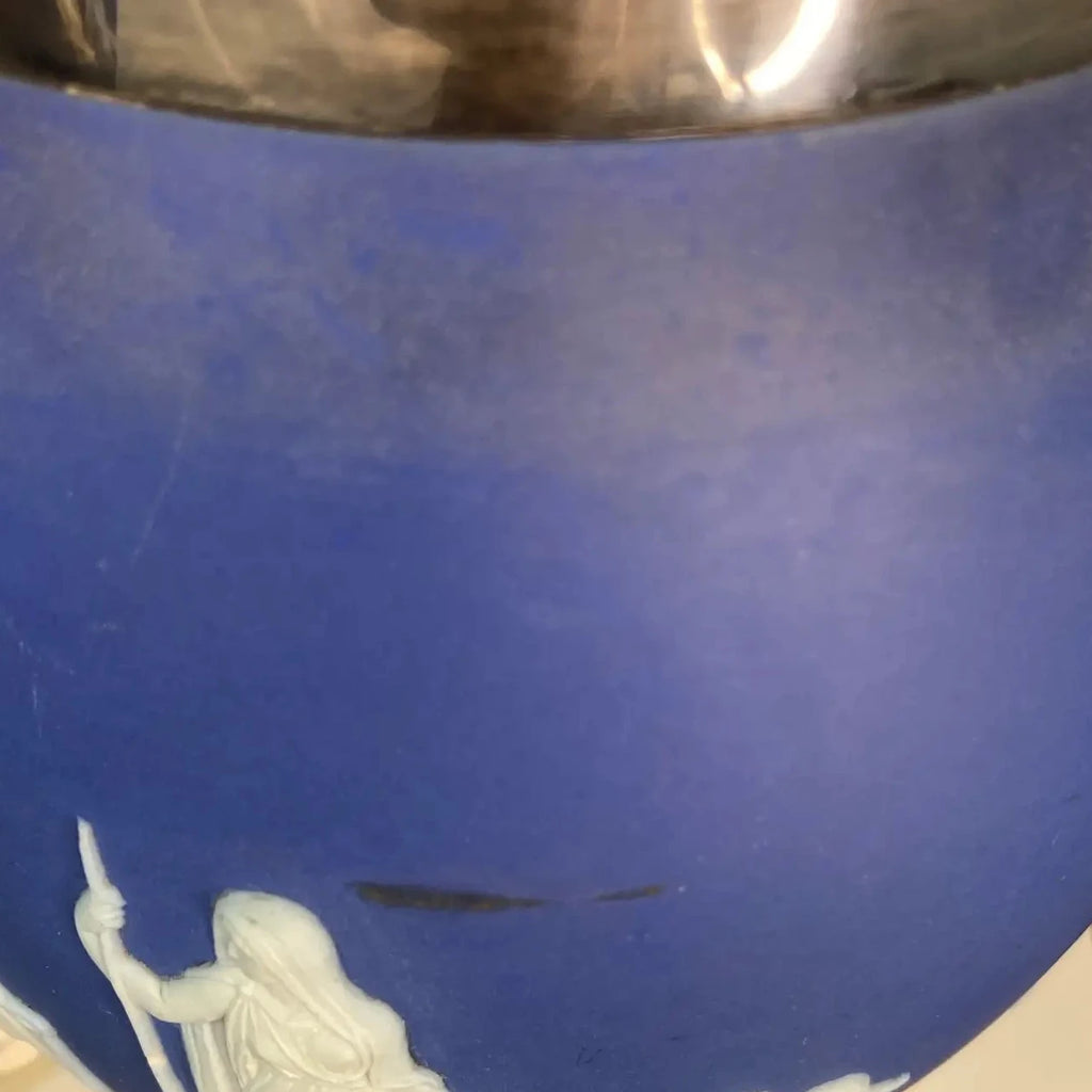 Antique Wedgwood Cobalt Jasperware Biscuit Barrel With James Dixon & Sons Silverplate Lid, Circa 1880s