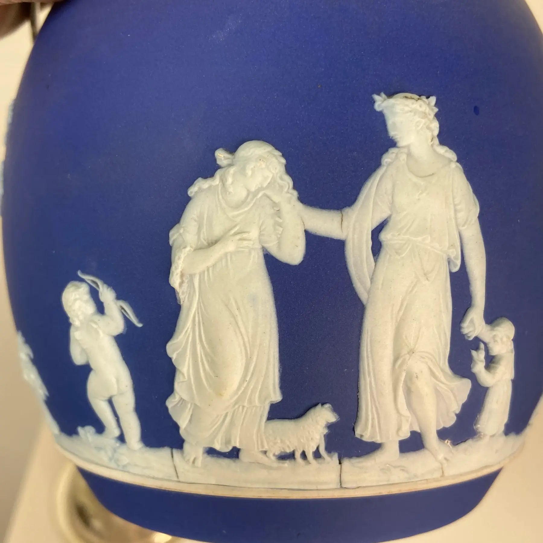 Antique Wedgwood Cobalt Jasperware Biscuit Barrel With James Dixon & Sons Silverplate Lid, Circa 1880s