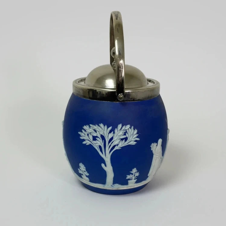 Antique Wedgwood Cobalt Jasperware Biscuit Barrel With James Dixon & Sons Silverplate Lid, Circa 1880s