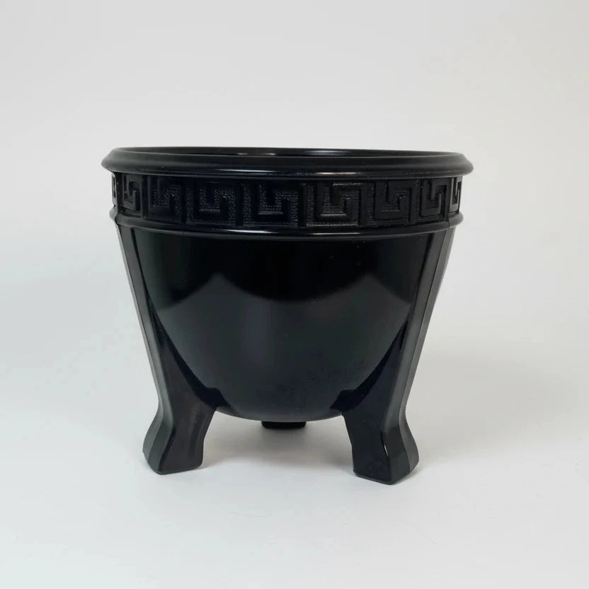 Le Smith Black Amethyst Glass Footed Bowl With Greek Key Design -Early 20th Century