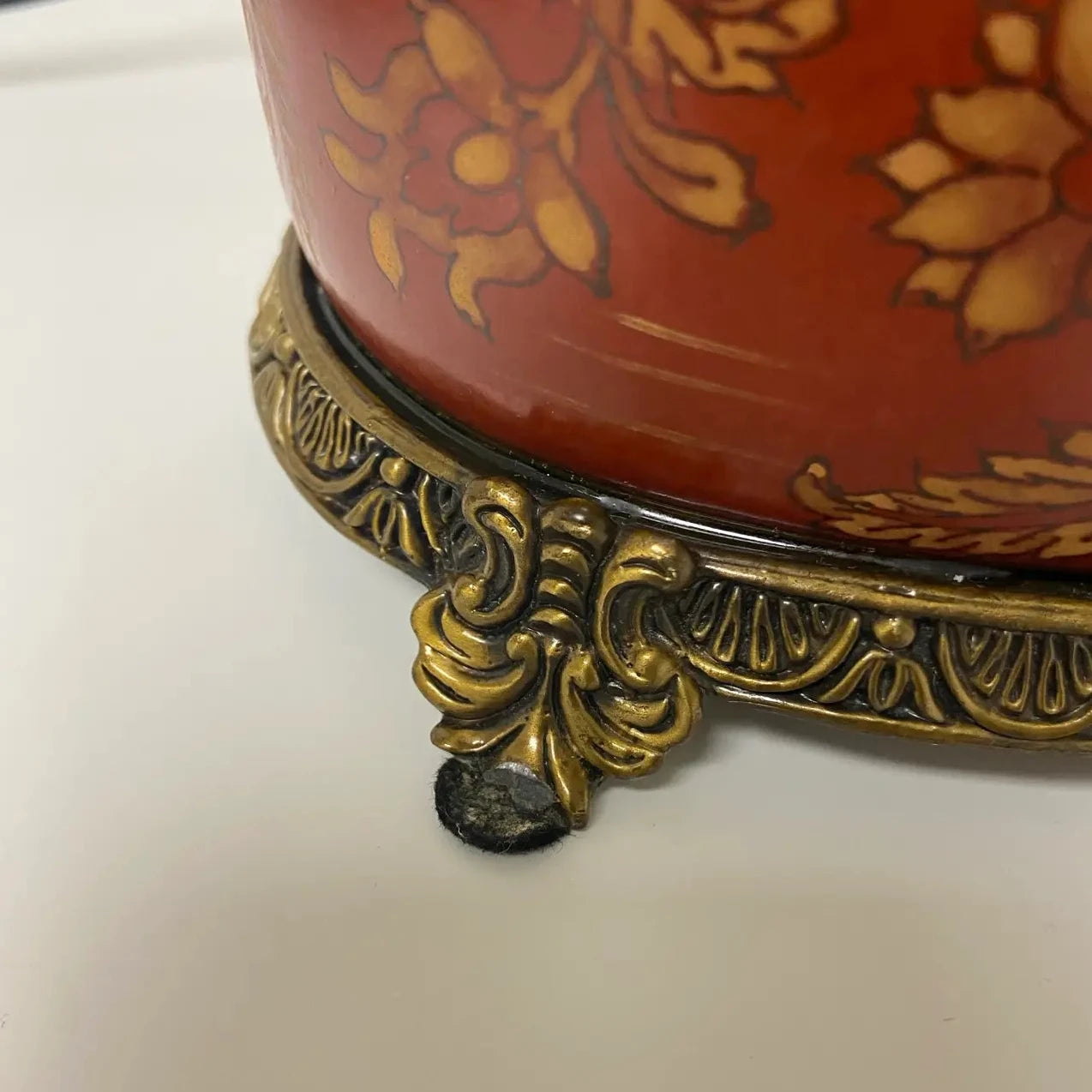 Brass and Red Porcelain Tea Canister Lamps With Floral Gilt Decoration - a Pair