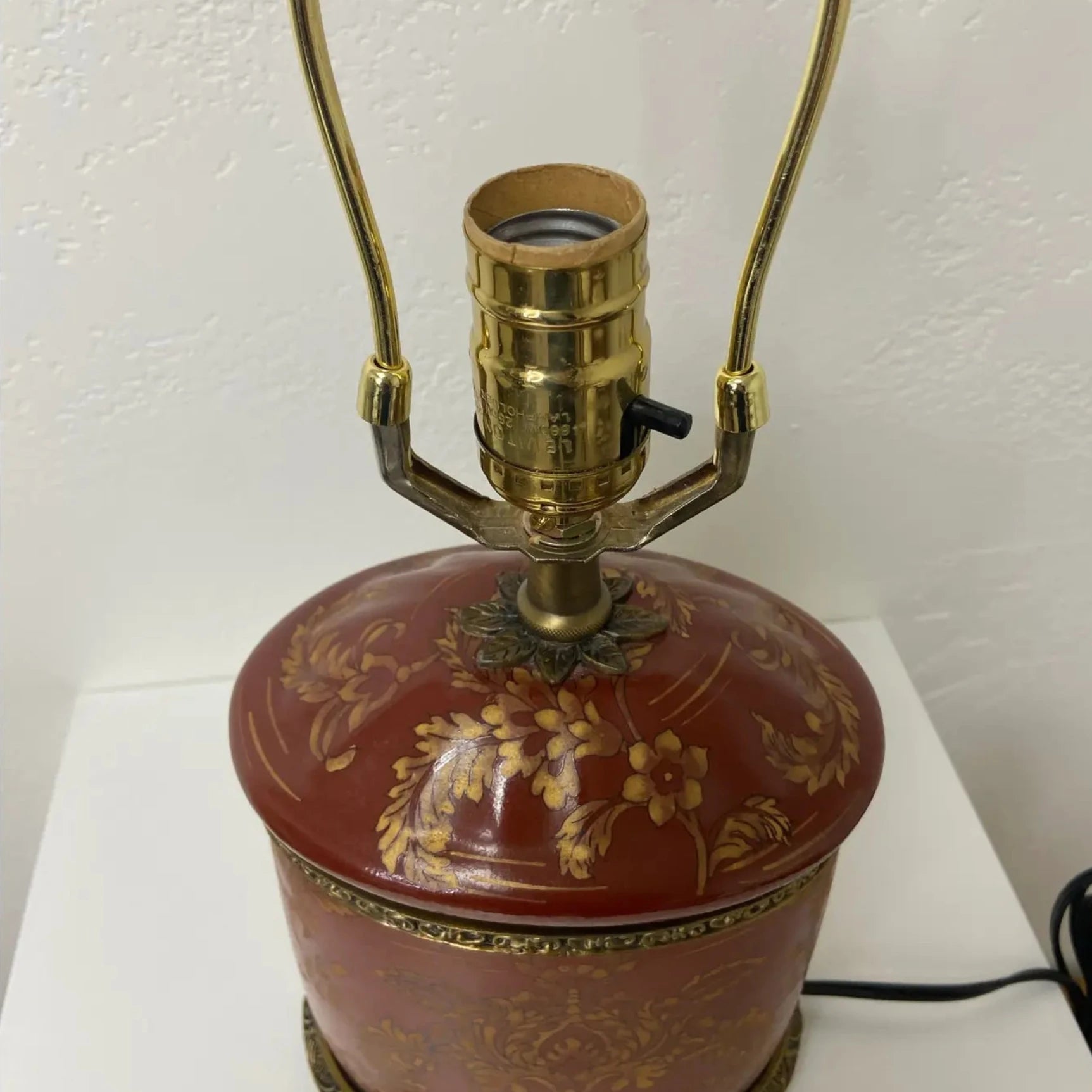 Brass and Red Porcelain Tea Canister Lamps With Floral Gilt Decoration - a Pair