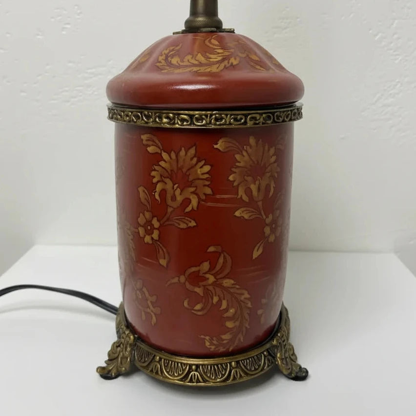 Brass and Red Porcelain Tea Canister Lamps With Floral Gilt Decoration - a Pair