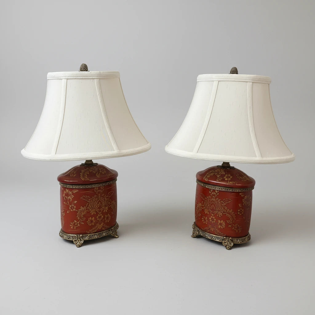 Brass and Red Porcelain Tea Canister Lamps With Floral Gilt Decoration - a Pair
