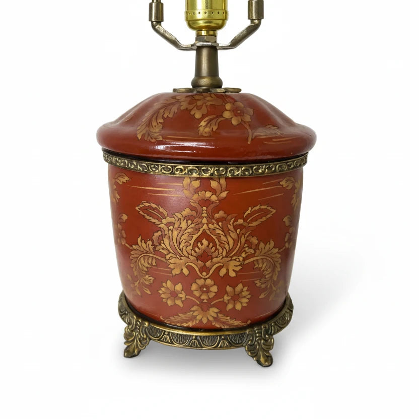 Brass and Red Porcelain Tea Canister Lamps With Floral Gilt Decoration - a Pair