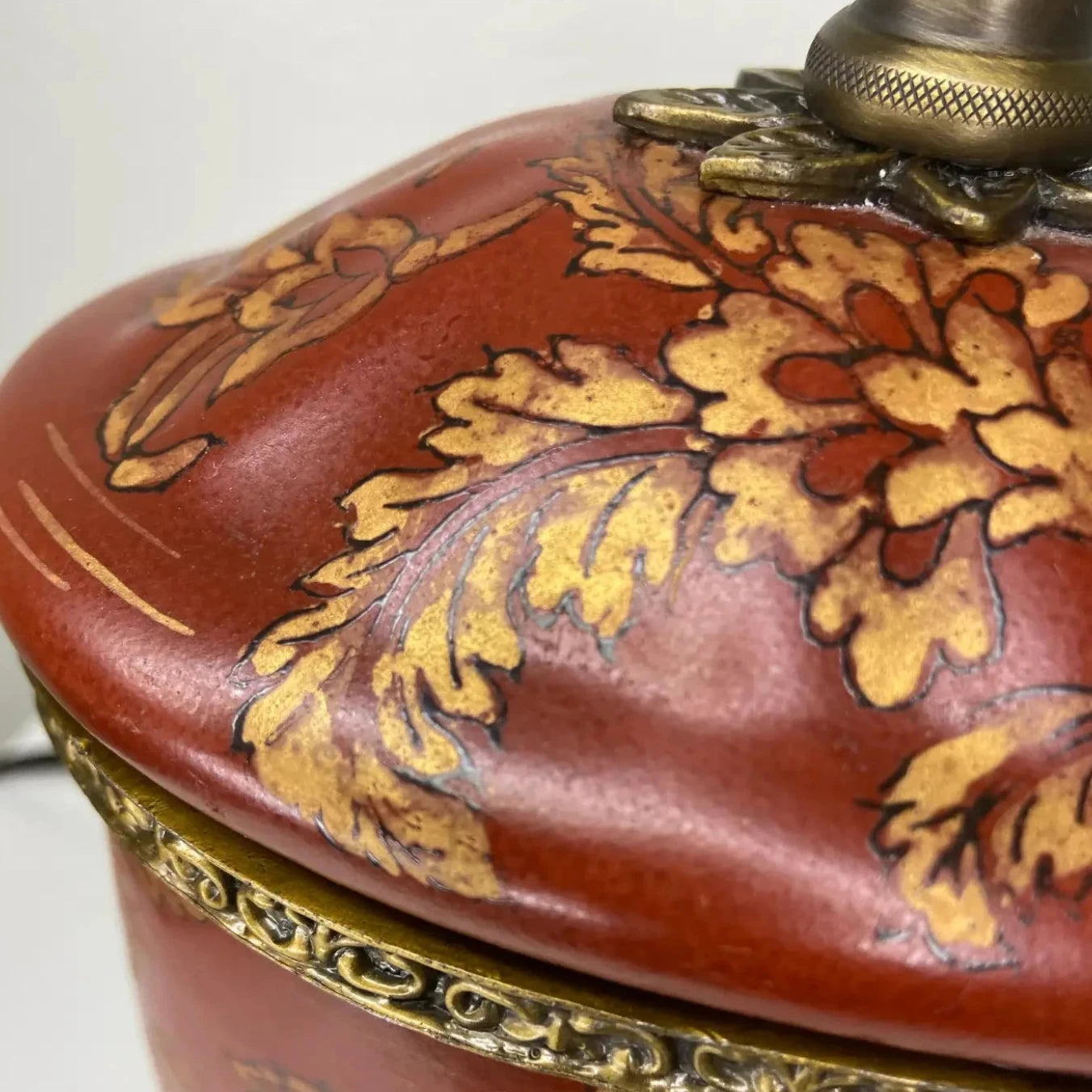 Brass and Red Porcelain Tea Canister Lamps With Floral Gilt Decoration - a Pair