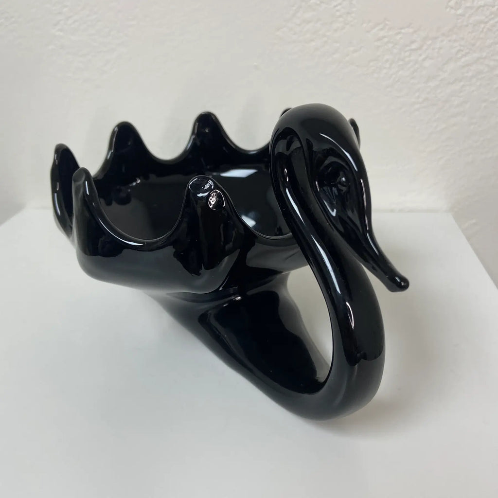 Black Amethyst Blown Glass Swan Bowl - Vase