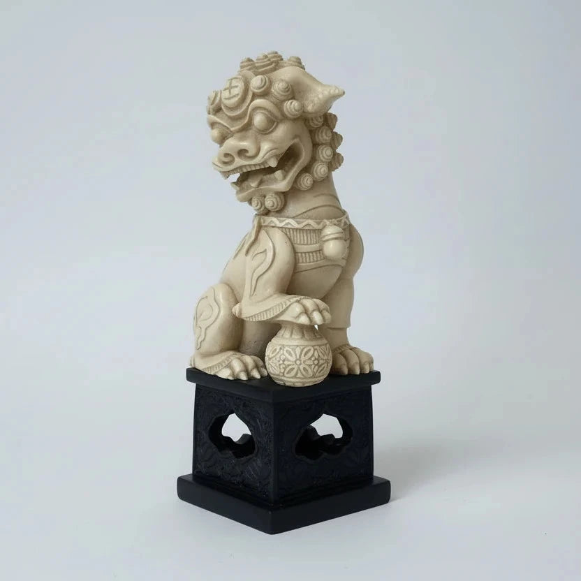 Chinese Resin Foo Dog Guardian Lion Statue on Carved Base
