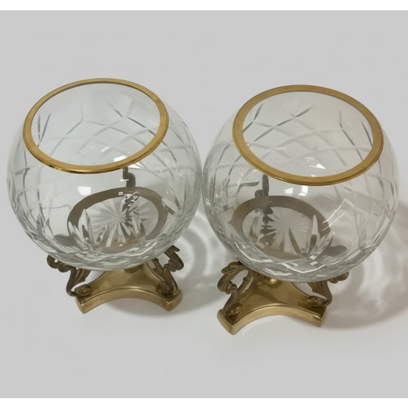 Crystal Rose Bowls on Brass Stands - a Pair