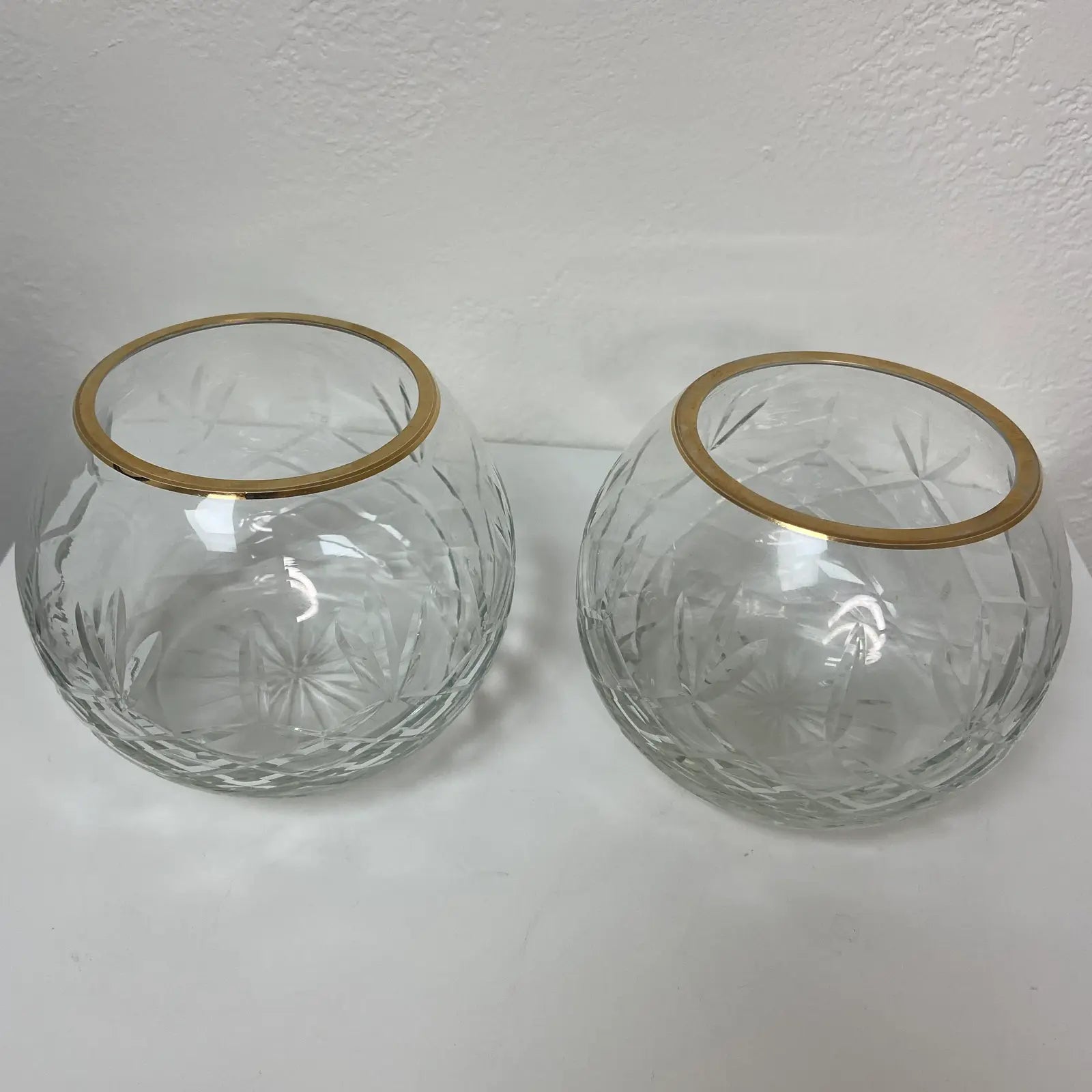Crystal Rose Bowls on Brass Stands - a Pair