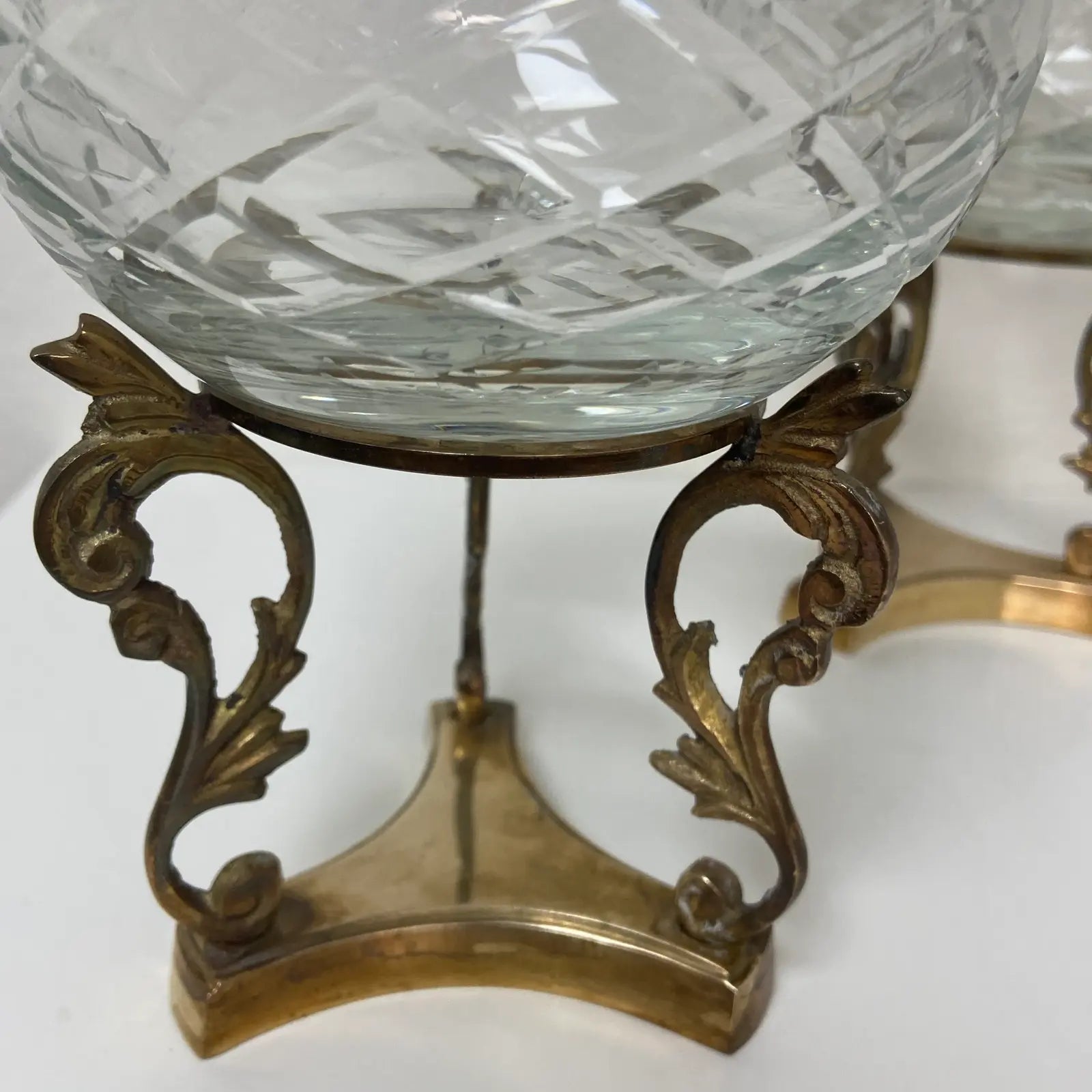 Crystal Rose Bowls on Brass Stands - a Pair