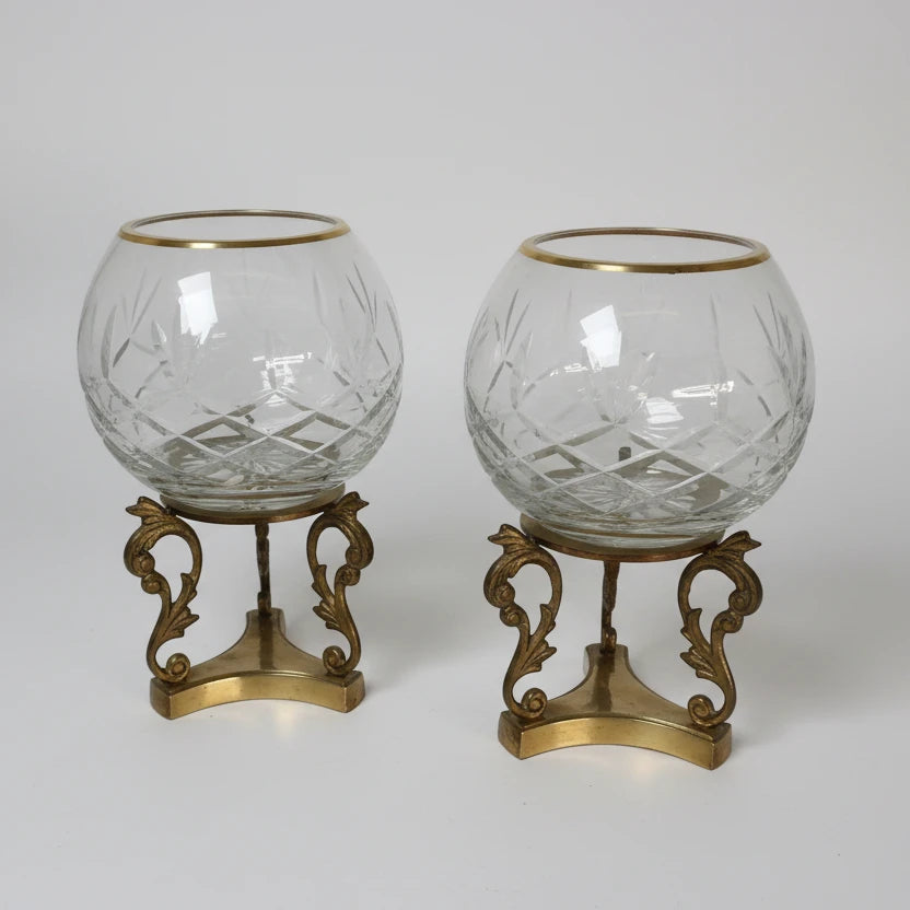 Crystal Rose Bowls on Brass Stands - a Pair