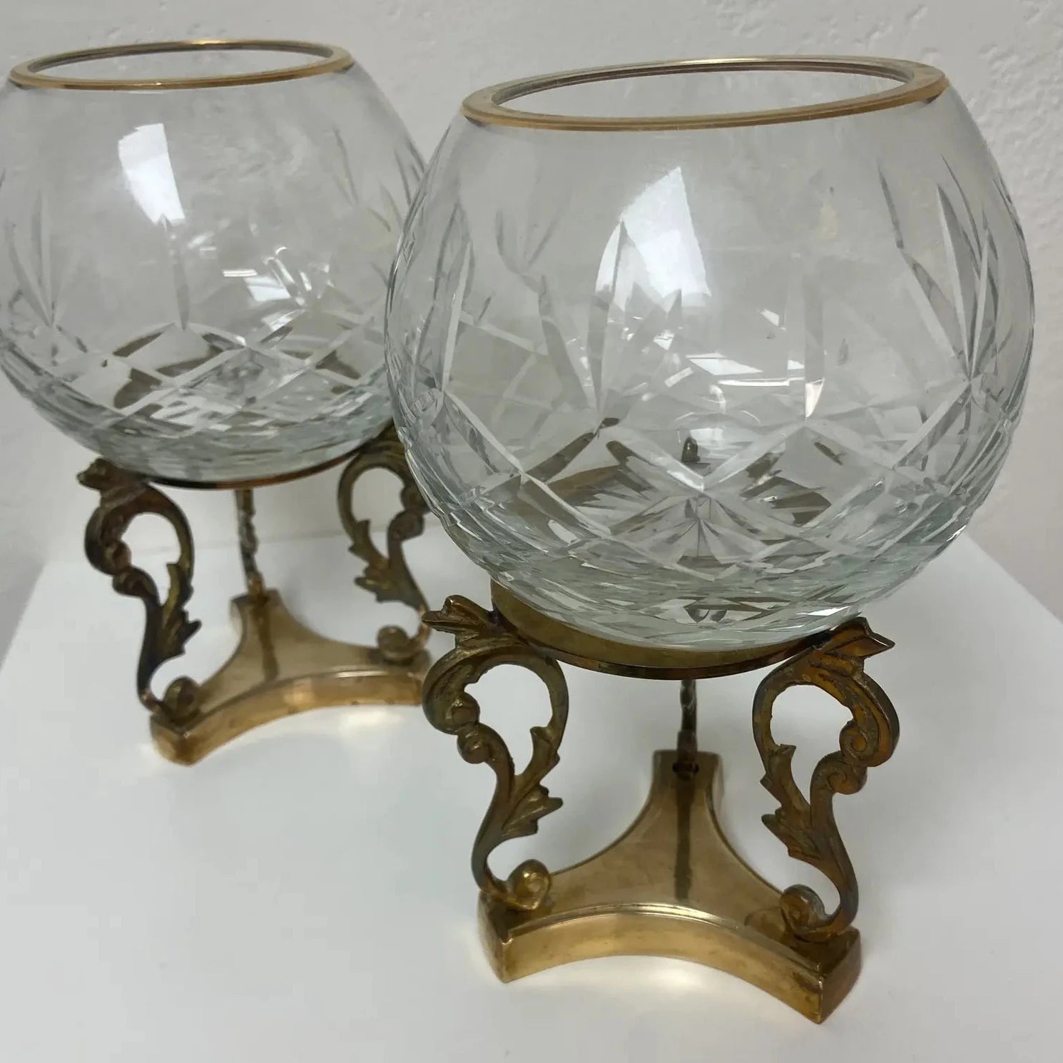 Crystal Rose Bowls on Brass Stands - a Pair