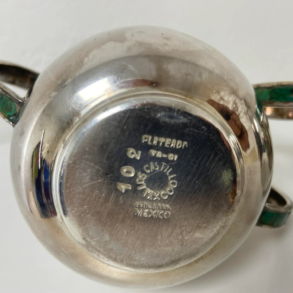Los Castillo Taxco Silverplate Sugar & Creamer Set With Stone Inlay- 2 Pieces