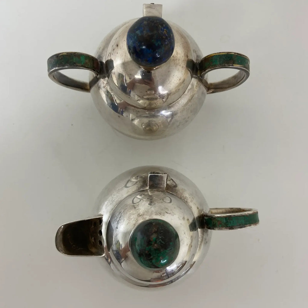 Los Castillo Taxco Silverplate Sugar & Creamer Set With Stone Inlay- 2 Pieces