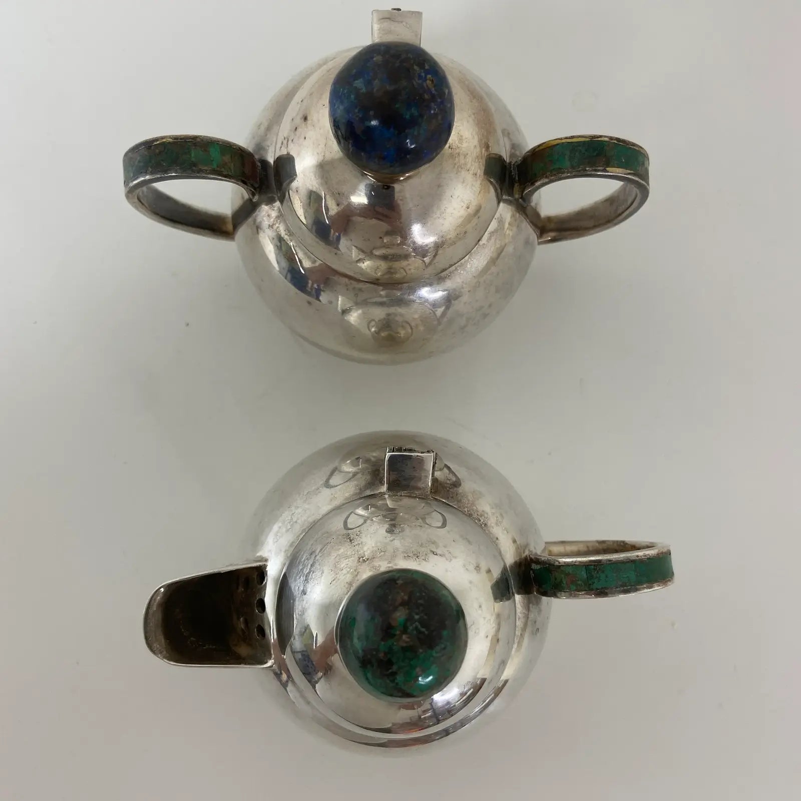 Los Castillo Taxco Silverplate Sugar & Creamer Set With Stone Inlay- 2 Pieces