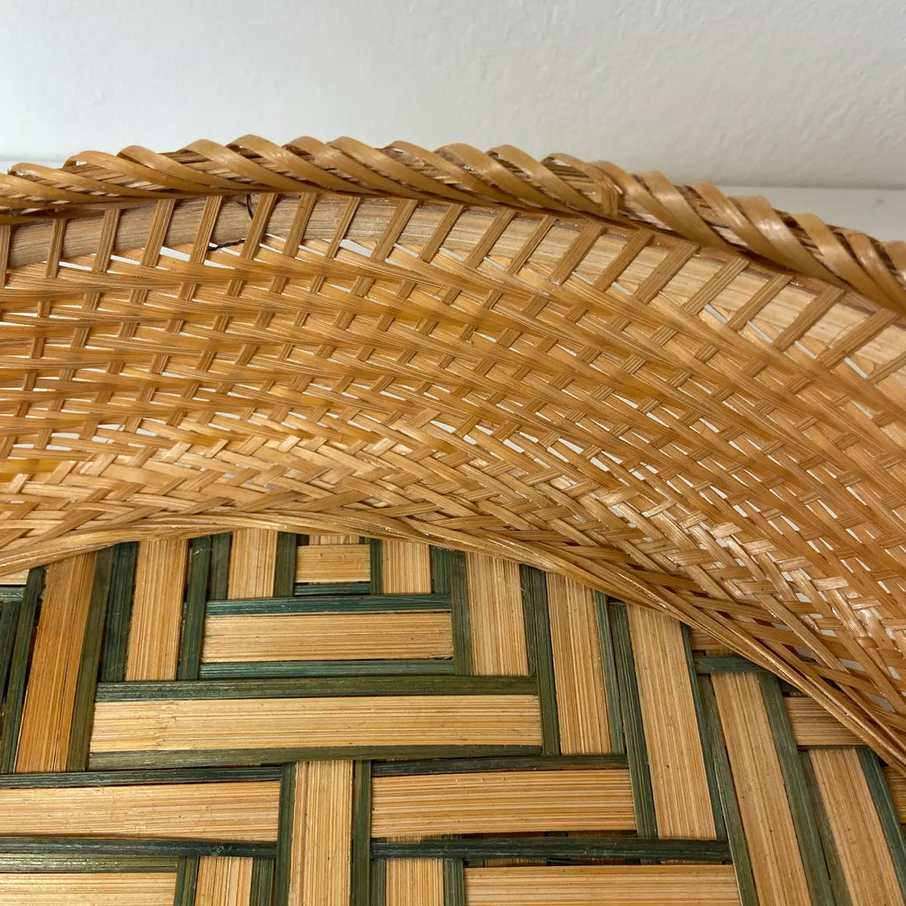 Handwoven Rattan & Bamboo Basket With Parquet Base and Green Accent