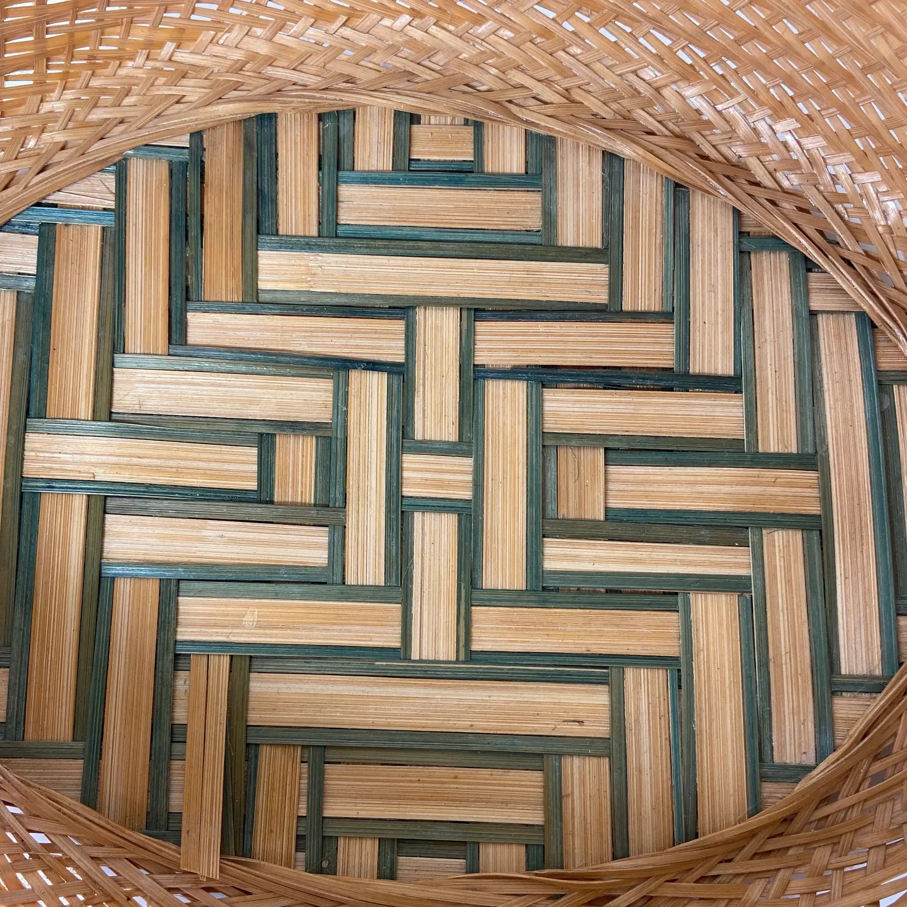 Handwoven Rattan & Bamboo Basket With Parquet Base and Green Accent